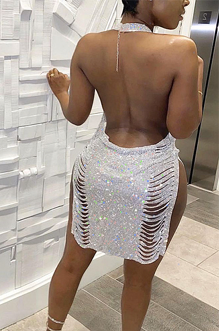 SUPER WHOLESALE | Bling Bling Open Back Sequins Halter Dress