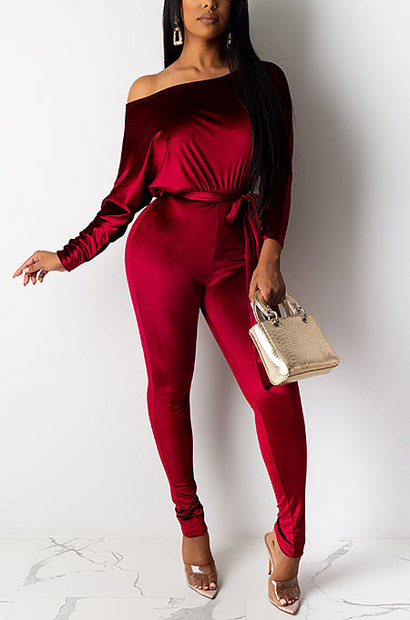 SUPER WHOLESALE | Velvet Bat Shoulder Jumpsuit