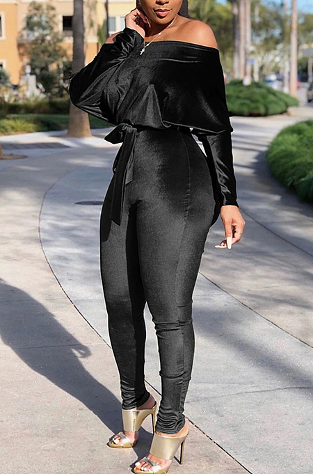 SUPER WHOLESALE | Velvet Bat Shoulder Jumpsuit
