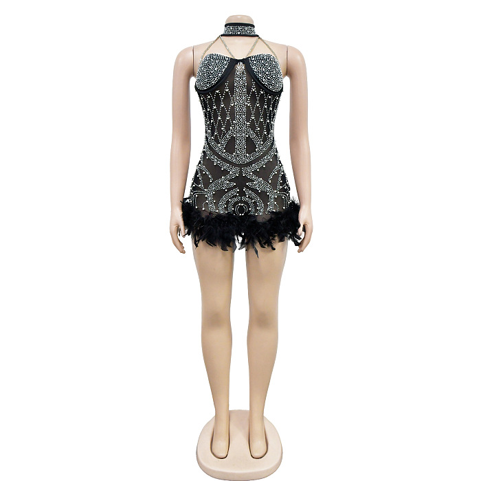 SUPER WHOLESALE | Halter Feather Hem Party Romper
