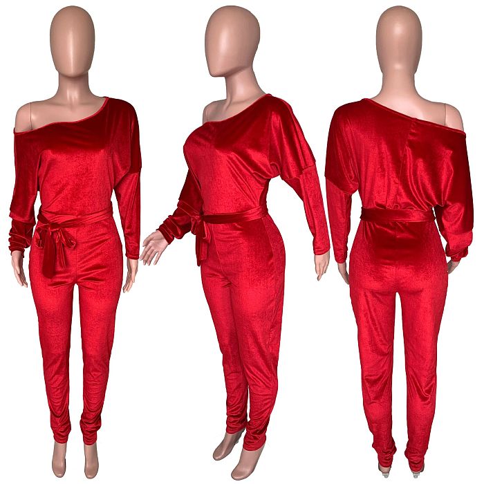 SUPER WHOLESALE | Velvet Bat Shoulder Jumpsuit