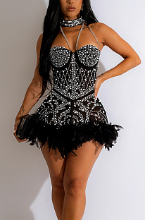 SUPER WHOLESALE | Halter Feather Hem Party Romper