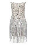 SUPER WHOLESALE | Tassel Hem Off Shoulder Badeau Mini Dress with Pearl Deco