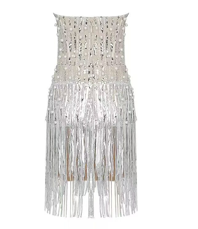SUPER WHOLESALE | Tassel Hem Off Shoulder Badeau Mini Dress with Pearl Deco