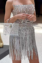 SUPER WHOLESALE | Tassel Hem Off Shoulder Badeau Mini Dress with Pearl Deco