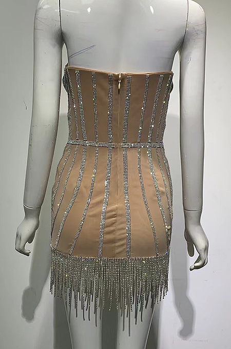 SUPER WHOLESALE | Tassel Hem Rhinestone Deco Dress