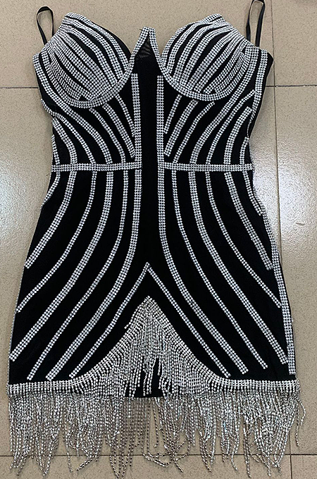 SUPER WHOLESALE | Tassel Hem Rhinestone Deco Dress