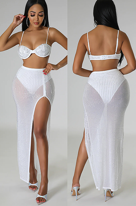 SUPER WHOLESALE | Rhinestone Deco Split Skirt Set with Bra Top