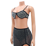 SUPER WHOLESALE | Rhinestone Deco Split Skirt Set with Bra Top