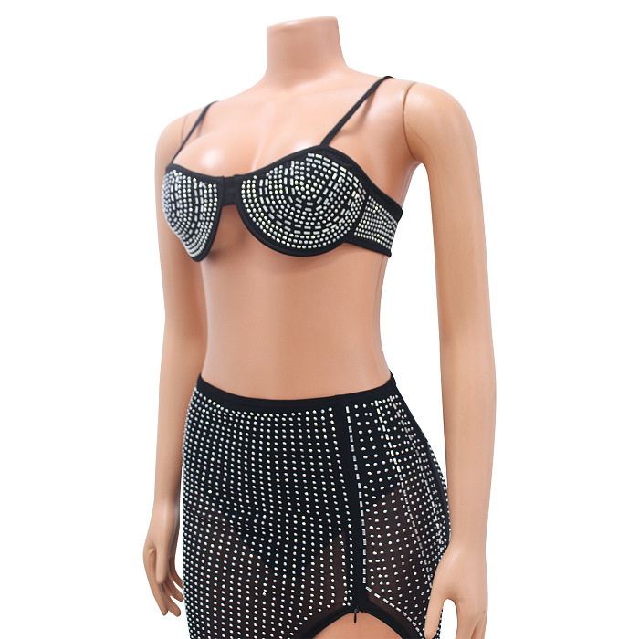 SUPER WHOLESALE | Rhinestone Deco Split Skirt Set with Bra Top