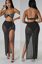 SUPER WHOLESALE | Rhinestone Deco Split Skirt Set with Bra Top