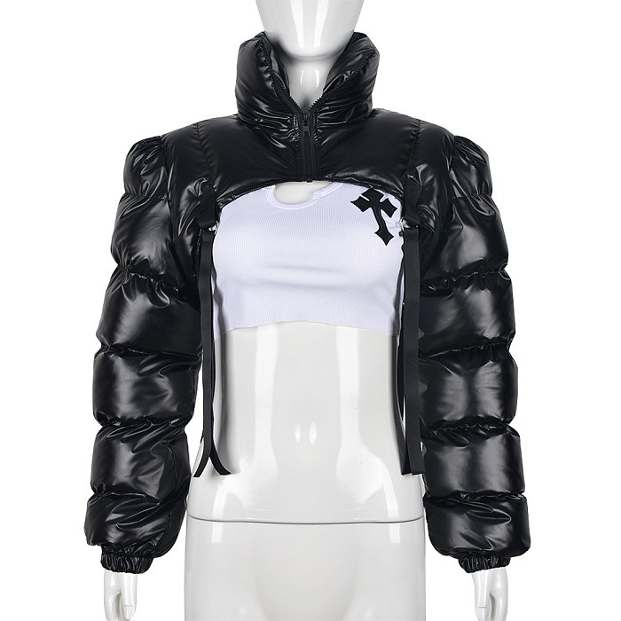 SUPER WHOLESALE | Stand-up Neck Puffy Crop Jacket Top