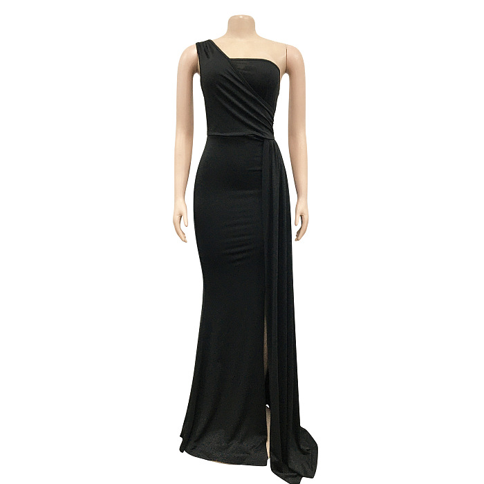 WHOLESALE | One Shoulder Full-Legnth Dress Back Zip Up