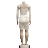 WHOLESALE | Rhinestone Square Plunging Neck Long Sleeve Dress