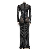 WHOLESALE | Rhinestone Long Sleeve Full Decor Bodycon Dress( Bodysuit Attached)