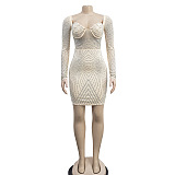WHOLESALE | Rhinestone Square Plunging Neck Long Sleeve Dress