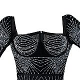 WHOLESALE | Rhinestone Square Plunging Neck Long Sleeve Dress
