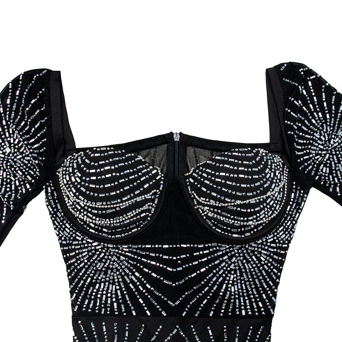 WHOLESALE | Rhinestone Square Plunging Neck Long Sleeve Dress
