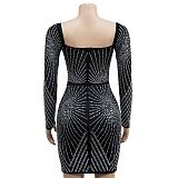WHOLESALE | Rhinestone Square Plunging Neck Long Sleeve Dress