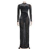 WHOLESALE | Rhinestone Long Sleeve Full Decor Bodycon Dress( Bodysuit Attached)