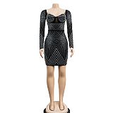 WHOLESALE | Rhinestone Square Plunging Neck Long Sleeve Dress