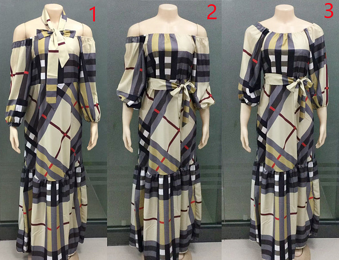 SUPER WHOLESALE | Off Shoulder Lantern Shoulder Plaid Long Dress