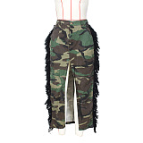 SUPER WHOLESALE | Tassel Fron Split Camo Skirt