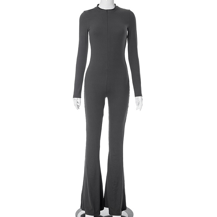 SUPER WHOLESALE | High Elastic Half Zipper Flare Bottom Jumpsuit