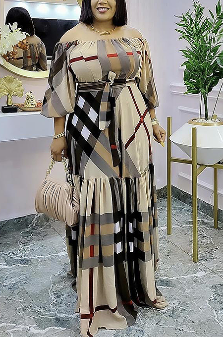 SUPER WHOLESALE | Off Shoulder Lantern Shoulder Plaid Long Dress
