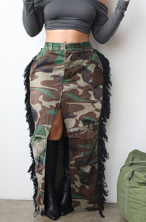 SUPER WHOLESALE | Tassel Fron Split Camo Skirt