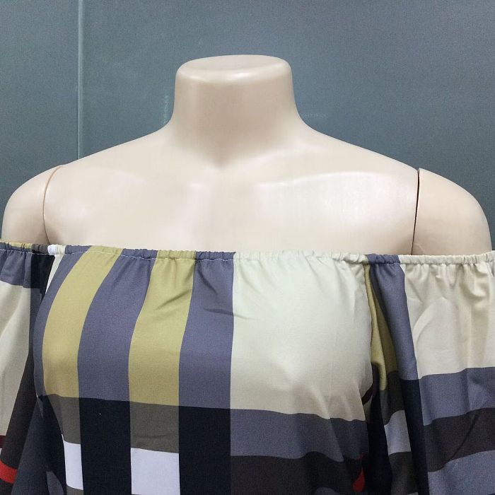 SUPER WHOLESALE | Off Shoulder Lantern Shoulder Plaid Long Dress