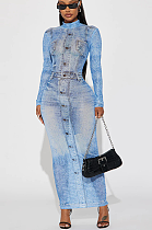 SUPER WHOLESALE | Denim Pattern Printed Long Sleeve Dress