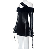 SUPER WHOLESALE | Woolen Hem Pu Strap Dress