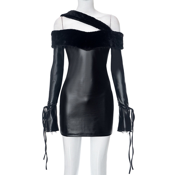 SUPER WHOLESALE | Woolen Hem Pu Strap Dress