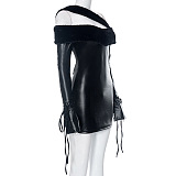 SUPER WHOLESALE | Woolen Hem Pu Strap Dress