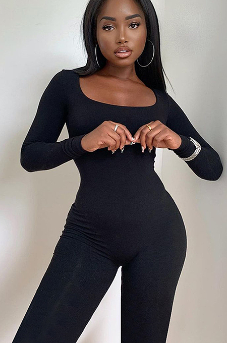 SUPER WHOLESALE | Square Neck High Elastic  Jumpsuit in Solid