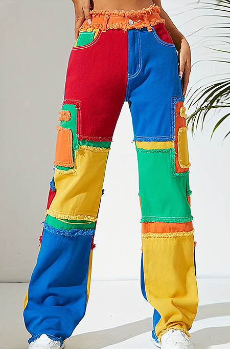 SUPER WHOLESALE | Color-block Patchwork Distress Pants