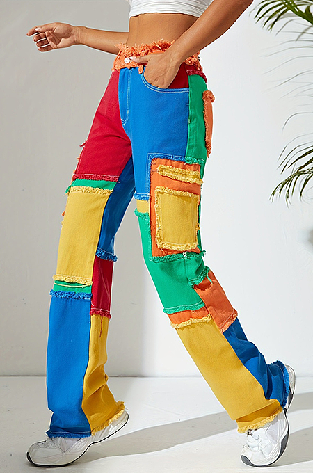 SUPER WHOLESALE | Color-block Patchwork Distress Pants