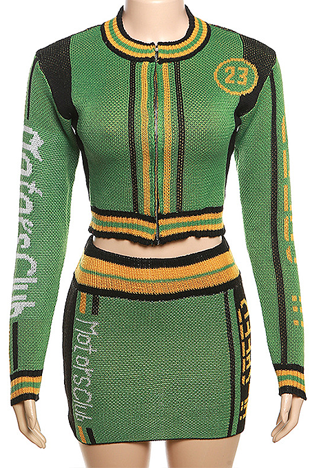 SUPER WHOLESALE | Knitted Zipper Ribbed High-Waisted Bodycon Skirt Set in Green
