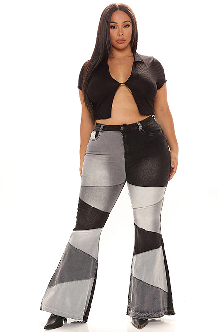 SUPER WHOLESALE | Plus SizePatchwork Flare Bottom Jeans
