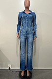 SUPER WHOLESALE | Denim Blue Half Button Up Jumpsuit