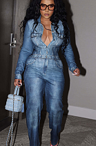 SUPER WHOLESALE | Denim Blue Half Button Up Jumpsuit