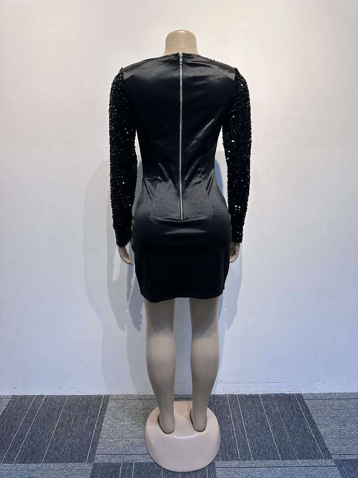 SUPER WHOLESALE | Plunging Square Neck Pathcwork Sequins Split Dress