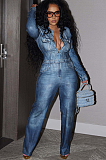 SUPER WHOLESALE | Denim Blue Half Button Up Jumpsuit