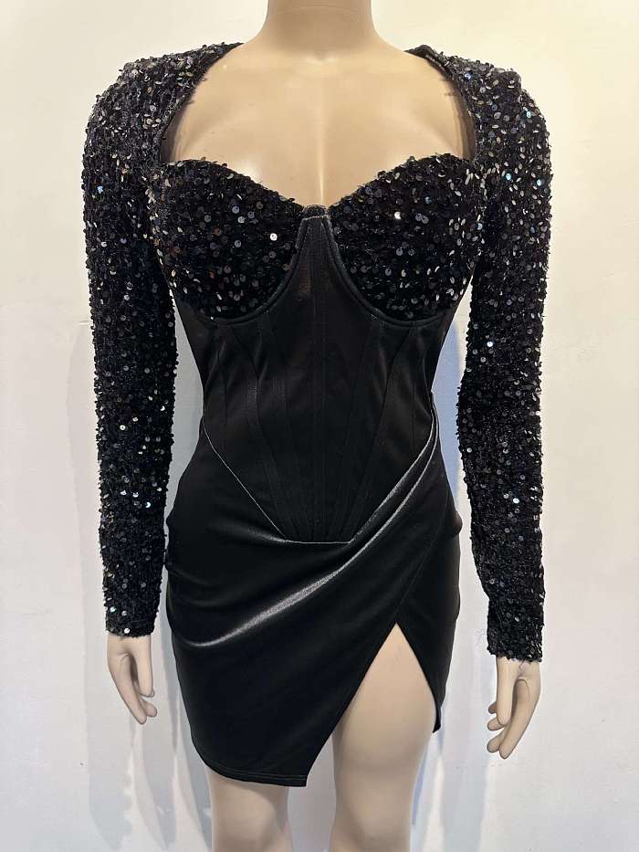 SUPER WHOLESALE | Plunging Square Neck Pathcwork Sequins Split Dress