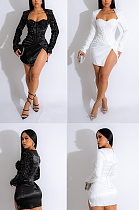 SUPER WHOLESALE | Plunging Square Neck Pathcwork Sequins Split Dress