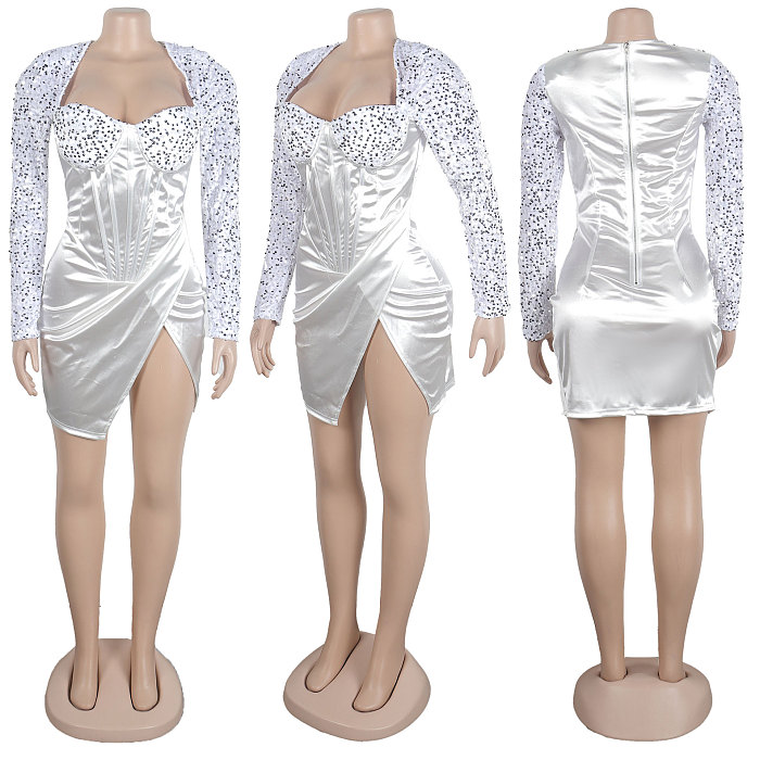 SUPER WHOLESALE | Plunging Square Neck Pathcwork Sequins Split Dress