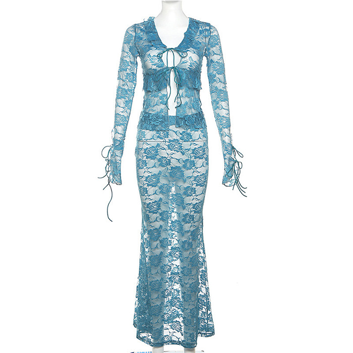 SUPER WHOLESALE | Rose Laced Front Tie Skirt Set