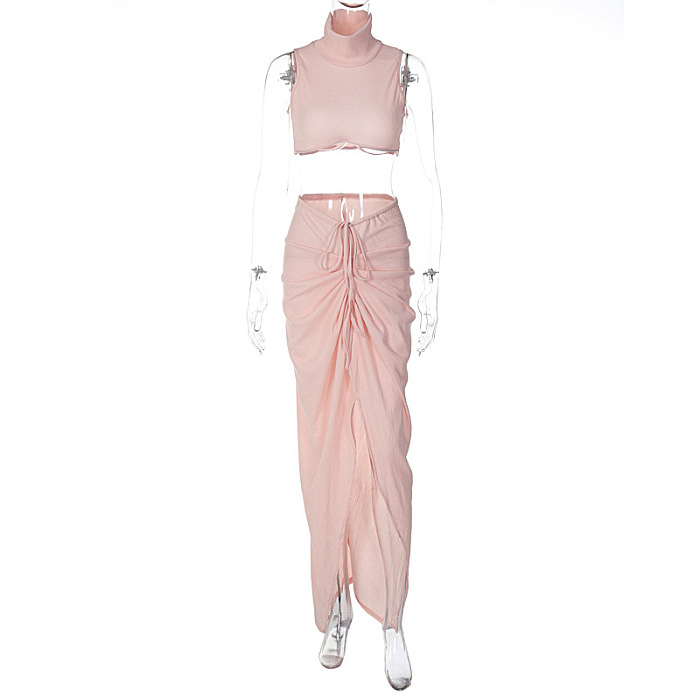 SUPER WHOLESALE | Turtle Neck Crop Top & Side Split Skirt