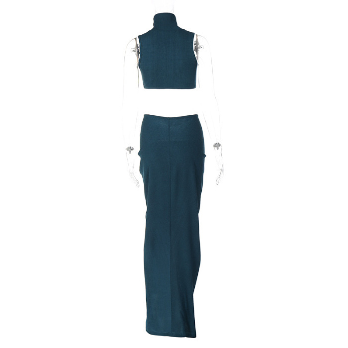 SUPER WHOLESALE | Turtle Neck Crop Top & Side Split Skirt